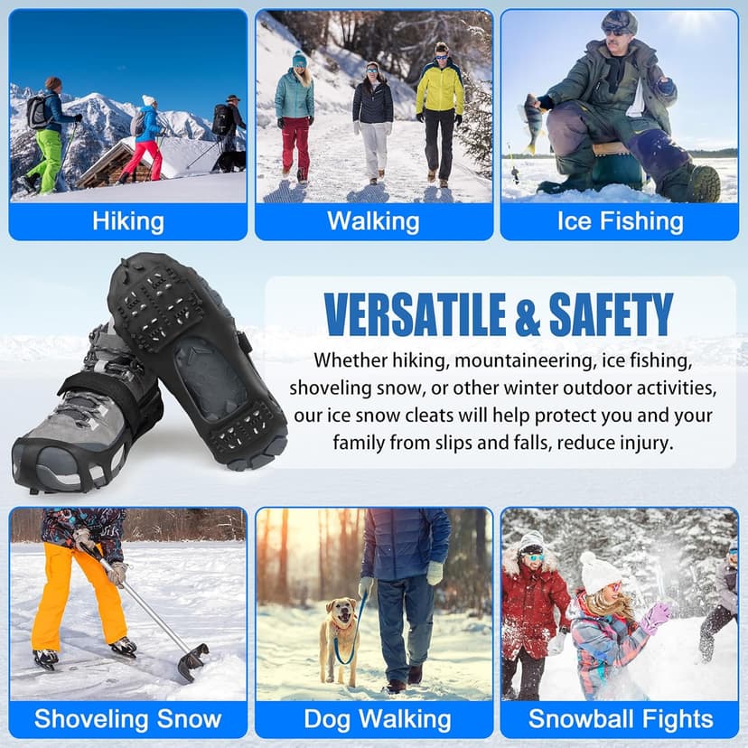 JSHANMEI Ice Cleats, Crampons Snow Traction Ice Cleats for Shoes and Boots Women Men, Non Slip Grippers Spikes for Shoes with Straps, Slip-on Rubber Overshoe Stretch Footwear for Winter Walking Hiking Fishing