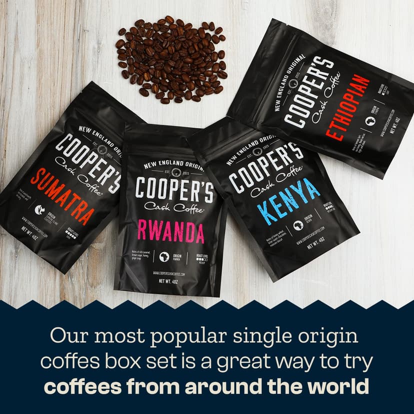 Gourmet Coffee Sampler Gift Box Set, Roasted Coffee Ground, Sumatra Dark, Kenya AA Medium-Dark, Rwanda Medium, Natural Ethiopian Light, Ground, 4 Bags, 16 oz Total