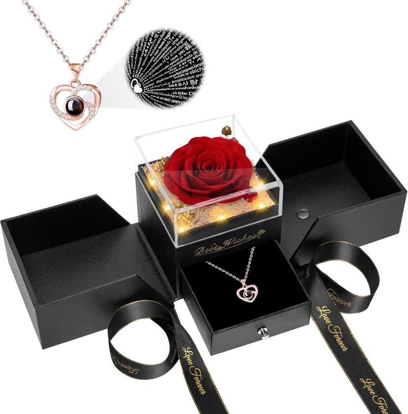 Light Up Preserved Red Rose Flower with Necklace,Birthday Gifts for Women,Christmas Rose Gifts for Her Mom Wife Grandma,Real Flower Mom Present for Women Christmas,Anniversary,Valentines