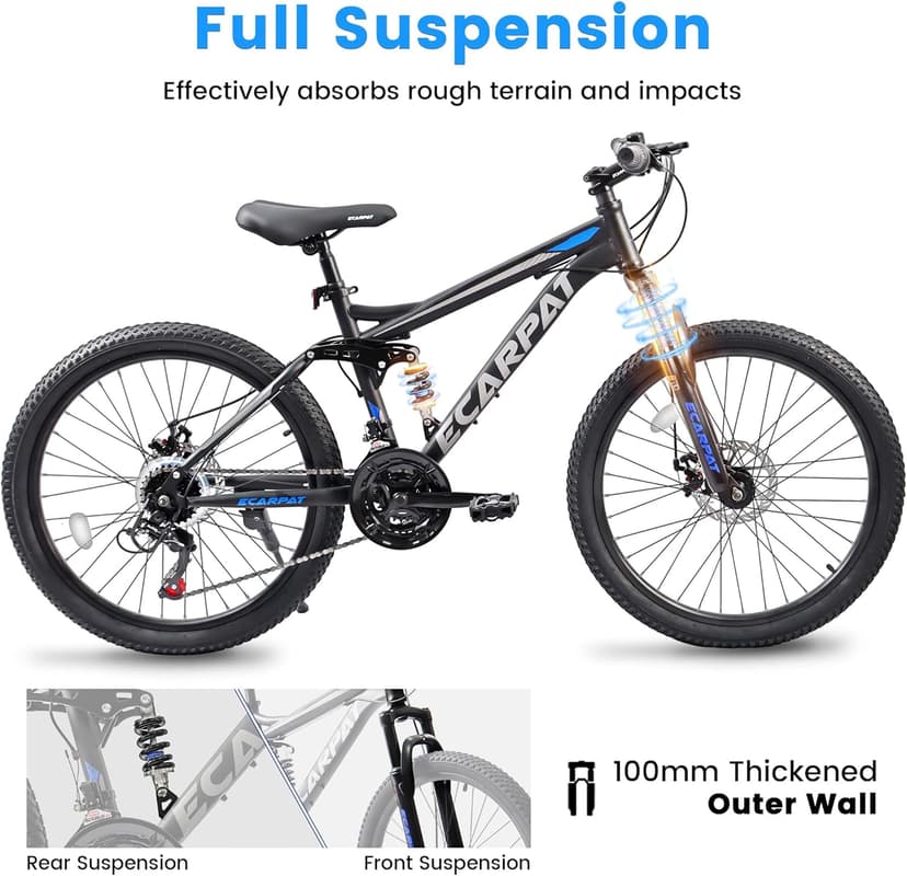 24/26/27.5 Inch Wheel Mountain Bike, 21 Speed MTB Bike with Full Suspension, Steel Frame and Dual Disc Brakes, Adult Mens Outdoor Cycling Mountain Bicycle
