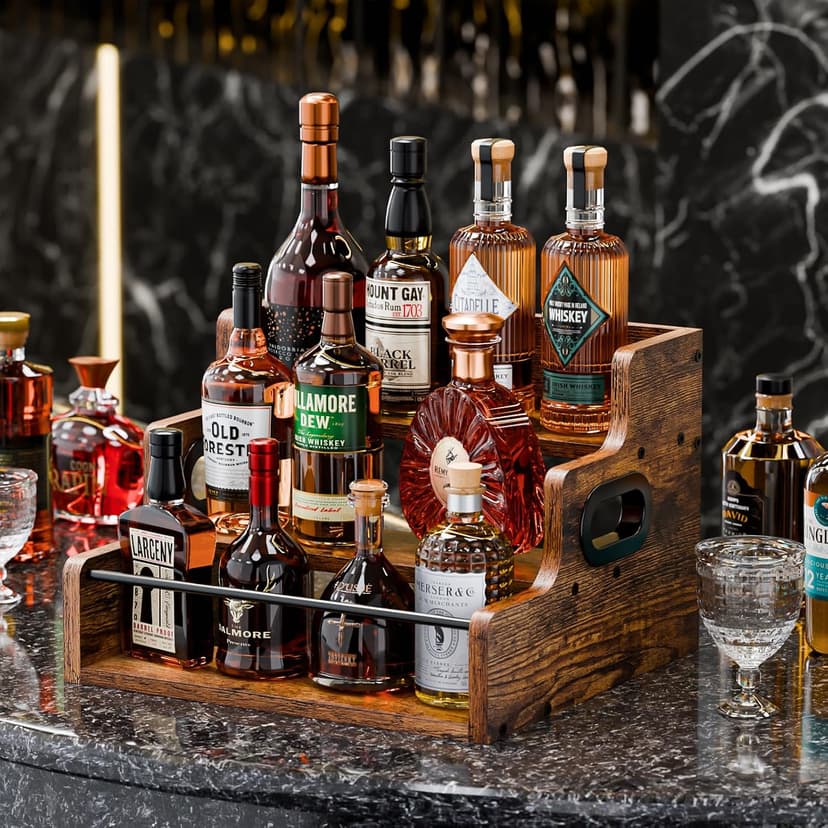 KLM Liquor Bottle Display Shelf, Coffee Syrup Rack Organizer, 3 Step Countertop Liquor Wine Rack, mini bar,liquor cabinet, Home Retro Bar Shelf Stand for Liquor Whiskey, Spirits B0D8TFHH3F