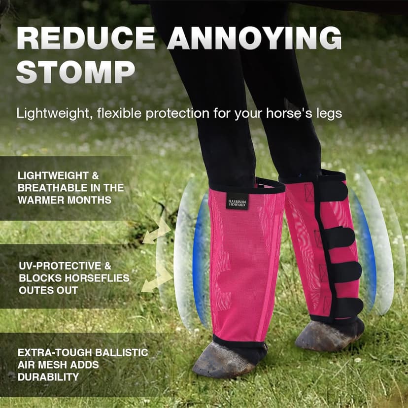 Harrison Howard Loose Fitting Fly Boots UV-Protective Extra Tough Mesh Ventilated Four Fasteners Stay-on Design Protect Horse Legs & Stomp-Reducing Set of 4 Magenta Large