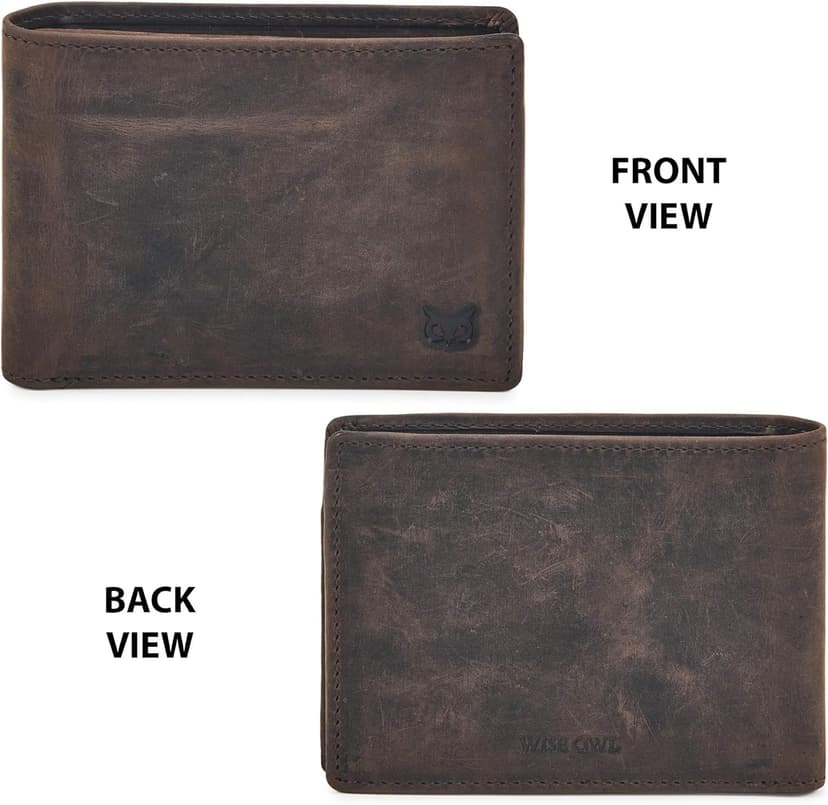 Wise Owl Accessories Real Leather Mens Bifold Wallet RFID Blocking Slim Minimalist Front Pocket - Thin & Stylish with ID Window in Gift Box (Crazy Horse, Coffee)