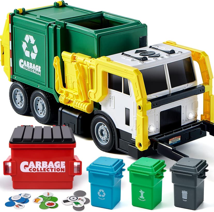 JOYIN Large Friction Powered Garbage Truck Toy Set, Includes 1 Dumpster, 3 Trash Bins, and 30 Learning Cards for Kids, Boy Toys Birthday Gift, Green B095XJDJ8V