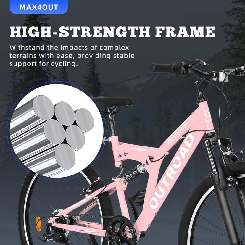 26 inch Mountain Bike Dual Full Suspension, Outdoor Hybrid Bikes,7-Speed/High-Carbon Steel, for Men Women Adult, MTB Bicycle with Suspension Fork,Sleek Colors