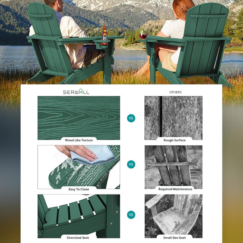 SERWALL Adirondack Chair with Cup Holders - Composite Adirondack Chairs Set of 4 HDPE Outdoor Chairs All Weather Use- Green