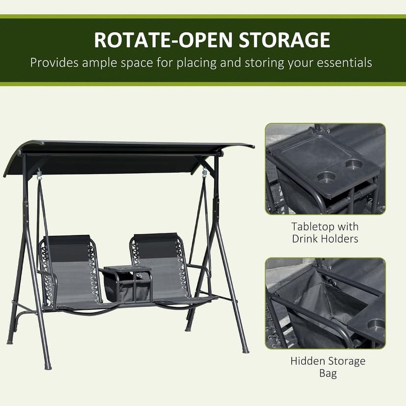 Outsunny 2-Seater Patio Swing Chair, Outdoor Canopy Swing Glider with Pivot Storage Table, Cup Holder, Adjustable Shade, Bungie Seat Suspension and Weather Resistant Steel Frame, Black