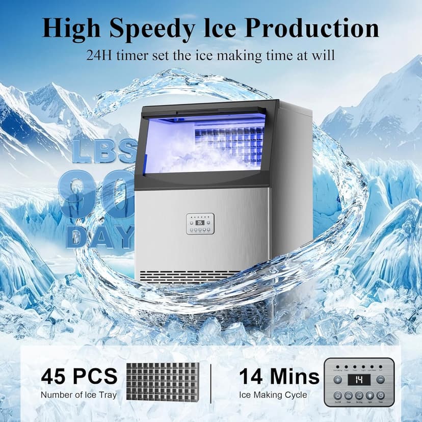 Commercial Ice Maker,200 lbs/24H,96 Cubes in 14 Mins,Stainless Steel Ice Machine with 33 lbs Storage Capacity,Water Filter,Self-Cleaning,Under Counter/Freestanding Ice Maker for Restaurant,Cafe,Home