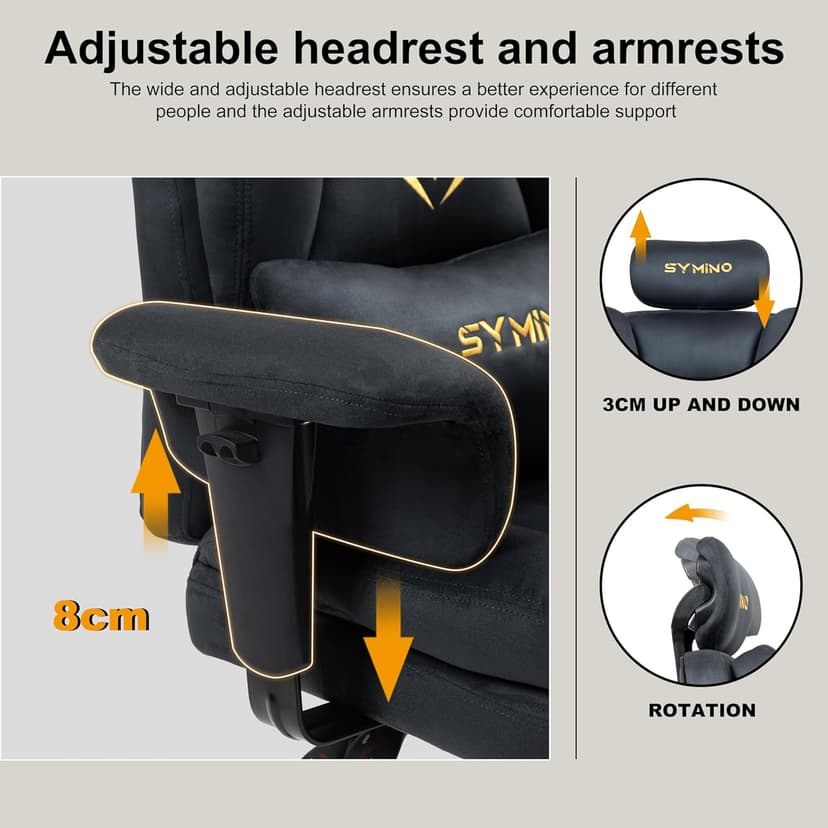 Symino Gaming Chair with Footrest, Up/Down Armrests, Suede Fabric Ergonomic Office Chair, 150° Recline Computer Chair for Desk, Gery