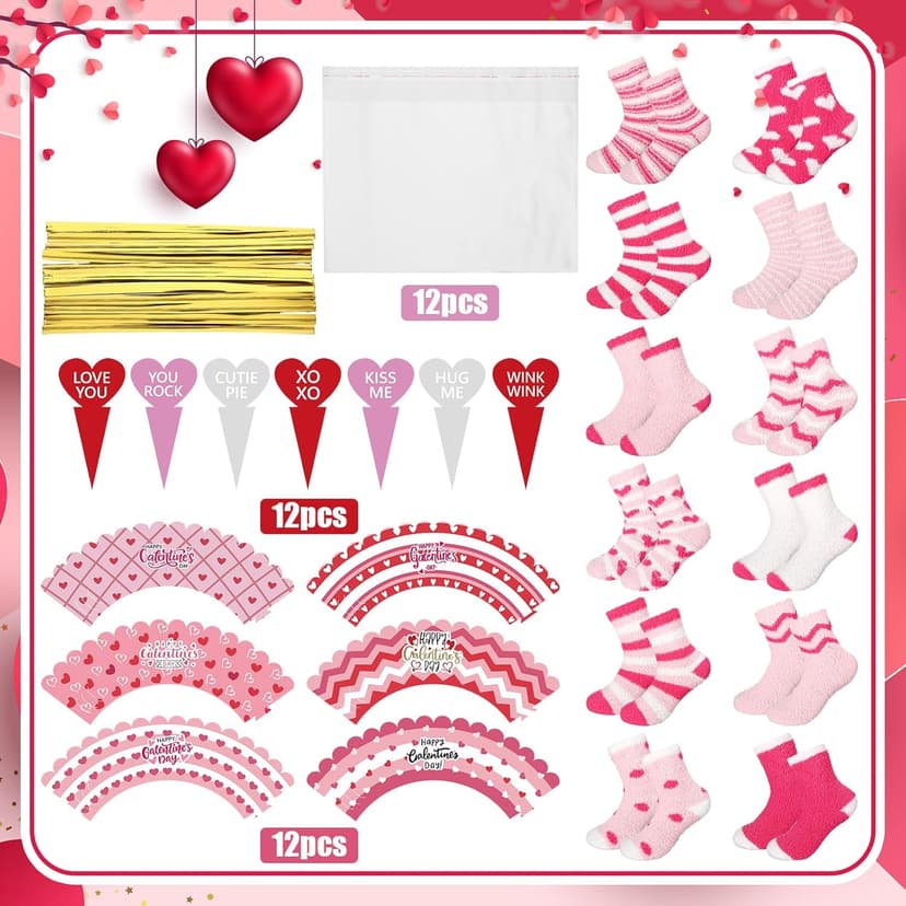 Ramede 12 Set Valentine's Day Cupcake Socks for Women Pink Fuzzy Fluffy Socks Galentine's Day Present for DIY Valentines Birthday Friendship Gift