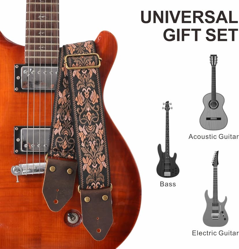 Nefelibata Guitar Strap,Jacquard Embroidery Cotton Guitar Straps with Crazy Horse Leather Ends for Bass, Electric & Acoustic, Best Gifts for Kids, Guitarists(Embroidered Gold Flower)