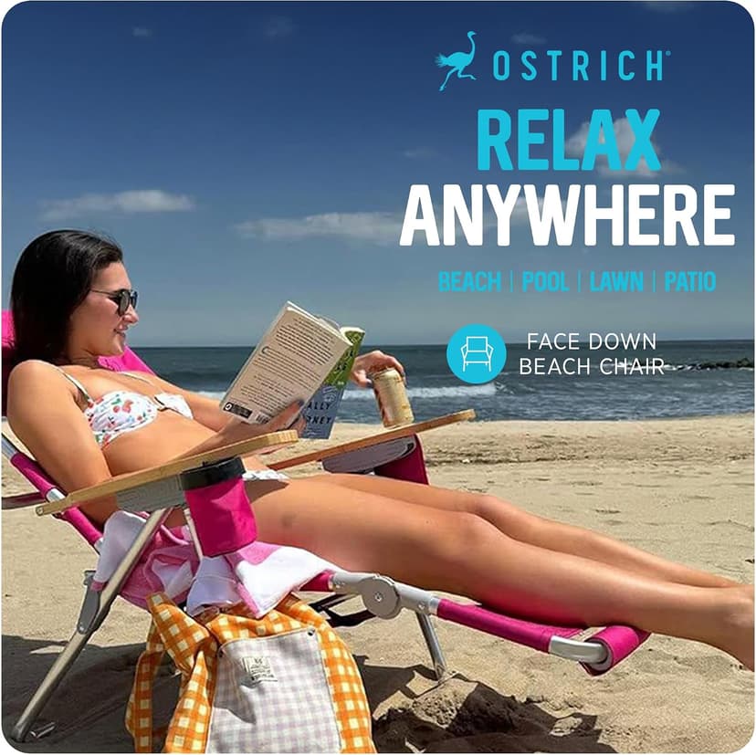Ostrich the Deluxe 3N1 Lightweight Lawn Beach Reclining Lounge Chair with Footrest, Outdoor Furniture for Patio, Balcony, Backyard, or Porch, Pink