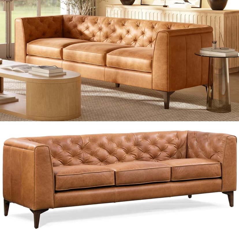 POLY & BARK Essex 89” Full-Grain Italian Leather Sofa – Tufted Back, Feather-Down Comfort, Solid Wood Frame, Cognac Tan