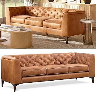POLY & BARK Essex 89” Full-Grain Italian Leather Sofa – Tufted Back, Feather-Down Comfort, Solid Wood Frame, Cognac Tan