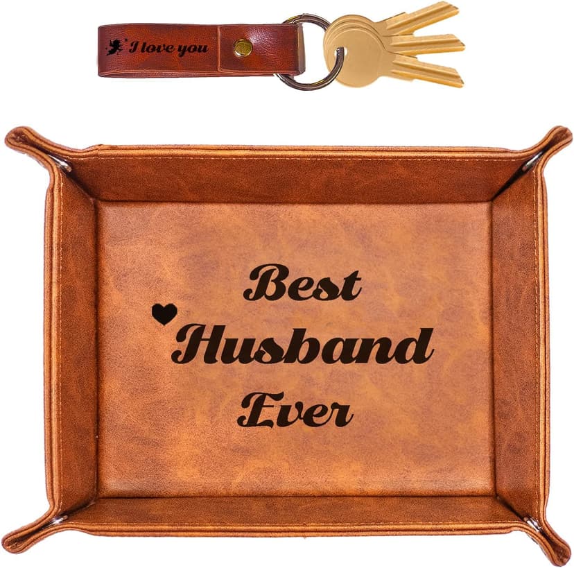 Best Husband Ever Gifts for Husband from Wife PU Leather Valet Tray & Keychain, Unique Gifts for Him Husband Who Has Everything at Birthday Valentines Day Christmas Anniversary B0B6TCG4XR