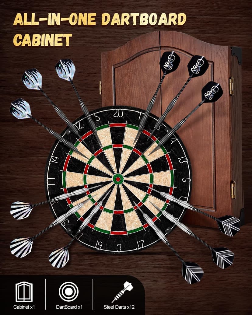 Yirinatek Sisal Dart Board Cabinet Sets, Decorative Dart Boards for Adults [6*Steel Darts] - Wooden Dartboard Cabinet with Integrated Scoreboard for Family Game Rooms