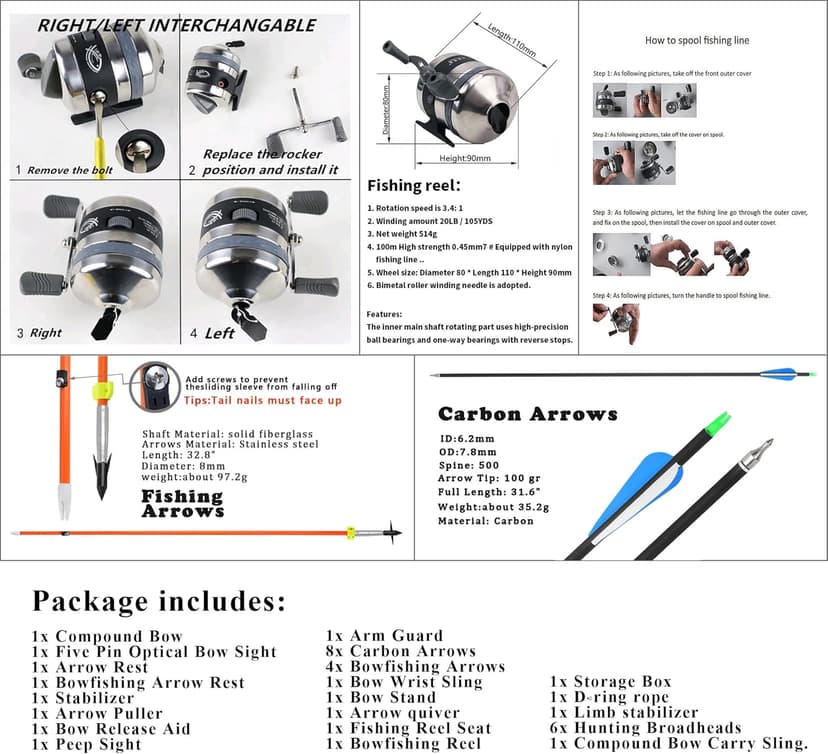 Archery Bowfishing Compound Bow Kit Ready to Fish Kit with Bowfishing Reel, Bow Fishing Arrows Right & Left Handed for Adult/Youth Fishing Hunting Target Shooting