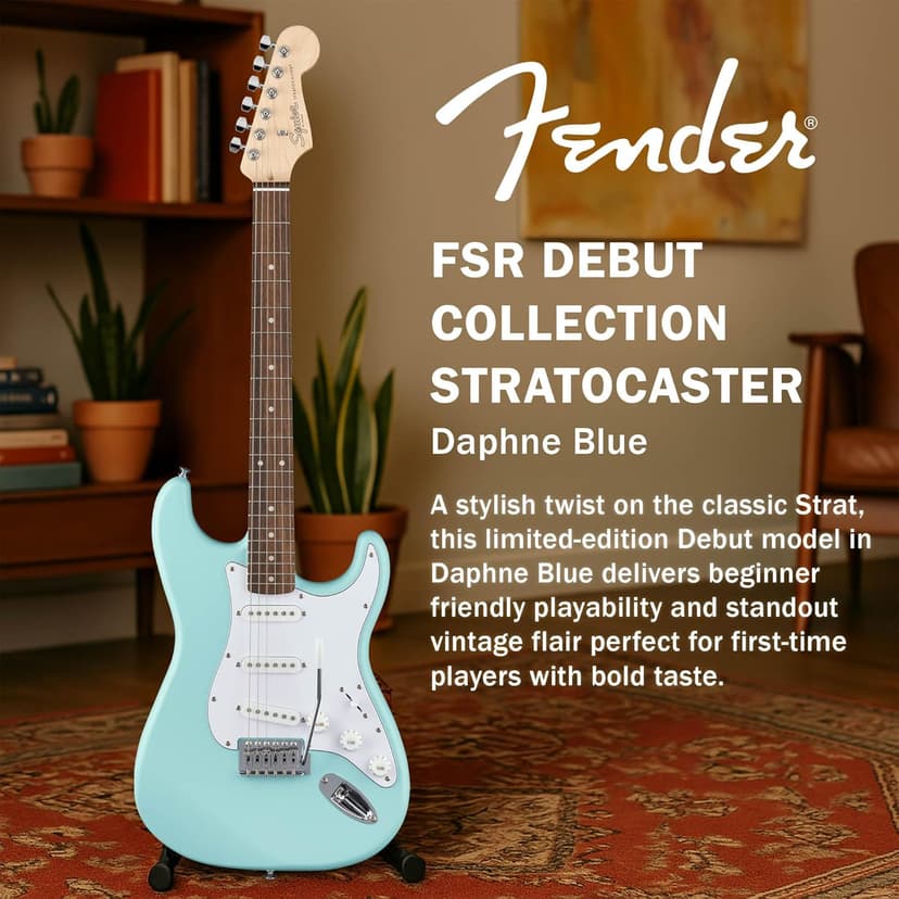 Fender Squier Stratocaster Electric Guitar - Daphne Blue Bundle with Amplifier, Gig Bag, Cable, Strap, Picks, and Austin Bazaar Instructional Video