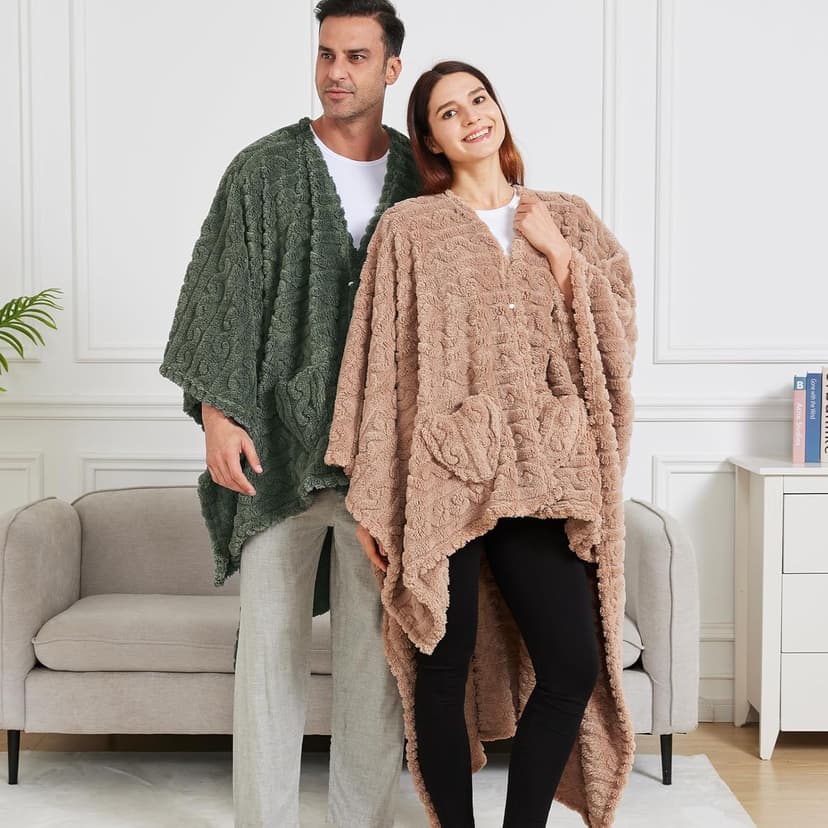 Wearable Blanket Poncho Cape Wrap for Adult, Cozy Sherpa Fleece Pocketed Shawl TV Throw Blankets for Office and Lounge,Green B0DJ8RLDQ3