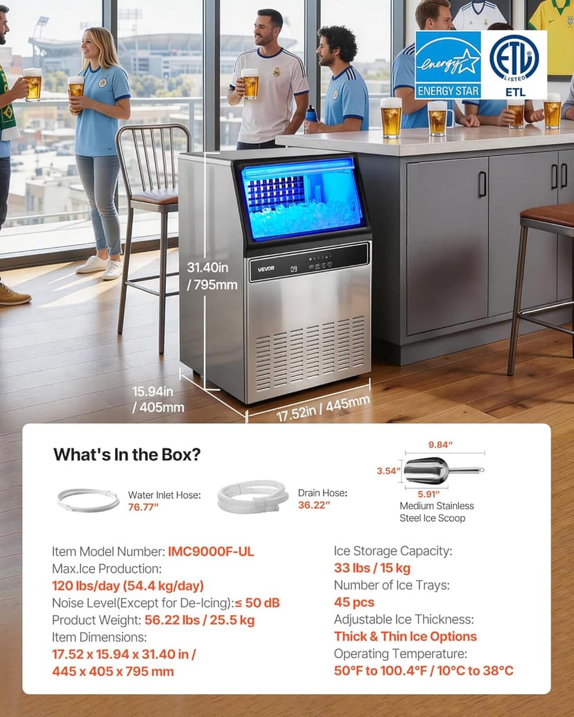 VEVOR Commercial Ice Maker Machine, 120 lbs/24H Ice Production, 33 lbs Storage Bin, 45 Cubes per Cycle, Stainless Steel Under Counter & Freestanding Ice Maker with LED Display, for Home Bar Restaurant