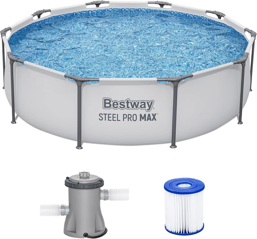 Bestway Steel Pro MAX 10' x 30" Above Ground Pool, Round Metal Frame Outdoor Swimming Pool Set with Filter Pump & Type I Cartridge, Gray