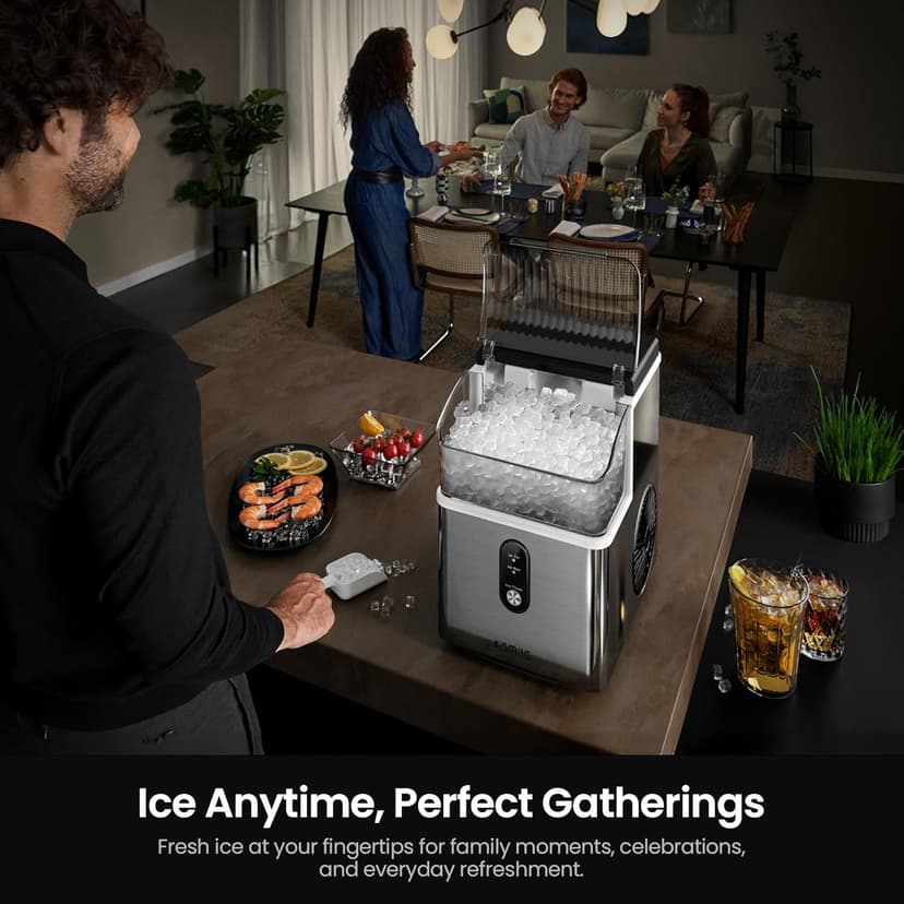 Kismile Nugget Ice Makers Countertop,Portable Ice Machine with Crushed Ice, 35lbs/Day,Self-Cleaning,One-Click Operation for Home Use(Stainless Steel Silver)