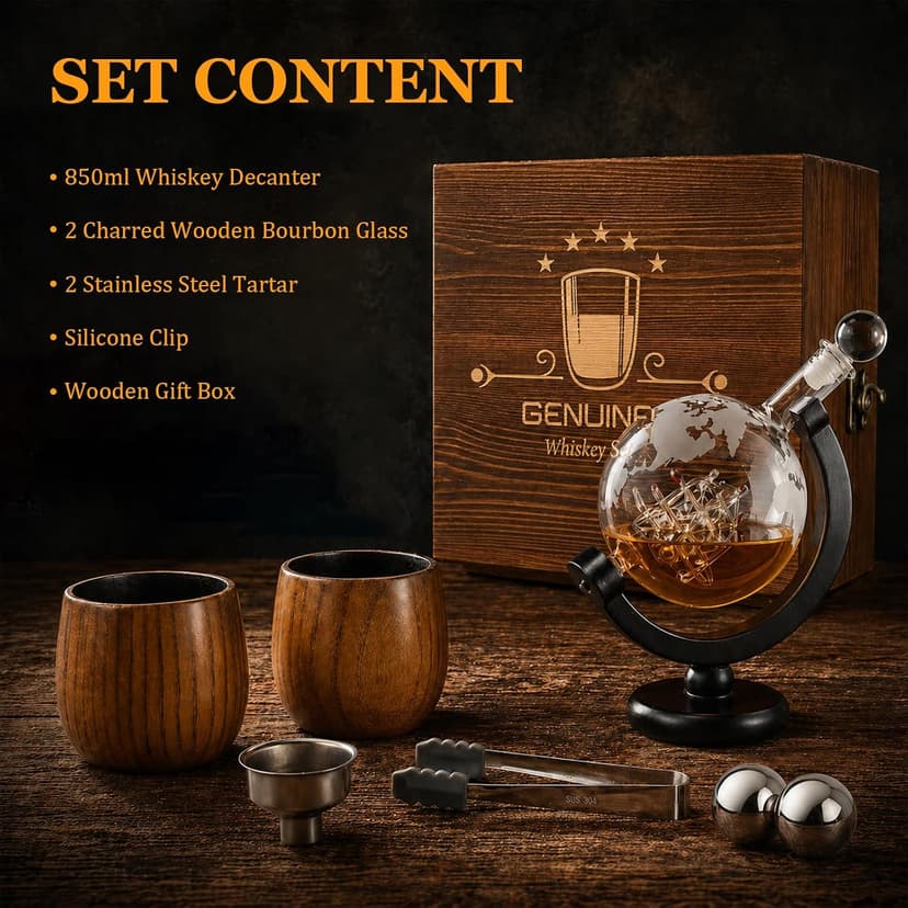 Whiskey Bottle, Liquor Decanter, With 11oz Smoke Bourbon Glass(2), Whiskey Gifts for Men, Dad, or Husband, Wooden Gifts Box GENUINED 30oz Globe Whiskey Decanter Set w/2 Charred Wooden Whiskey Glasses B0GV26PYCT