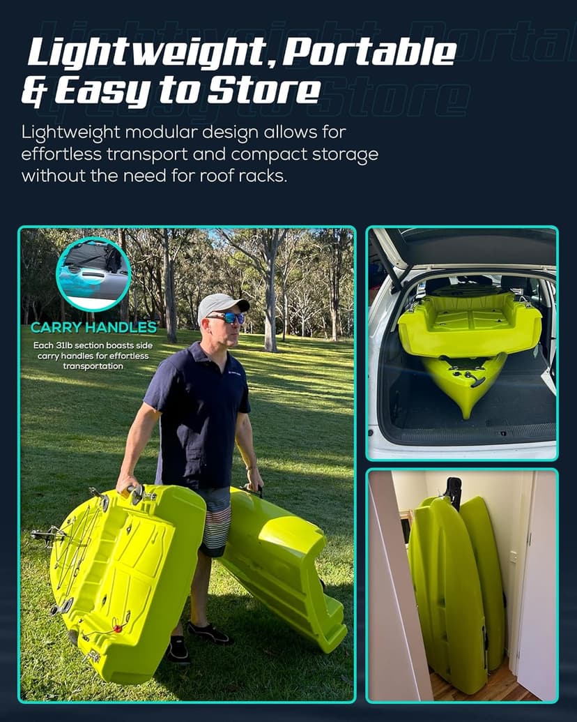 Reel Yaks Raptor Modular Fishing Kayak - 9.5ft Lightweight Sit On Top Kayak for Adults & Youth - Stable & Portable, Ideal Space-Saving Design for Travel - 380lbs Capacity