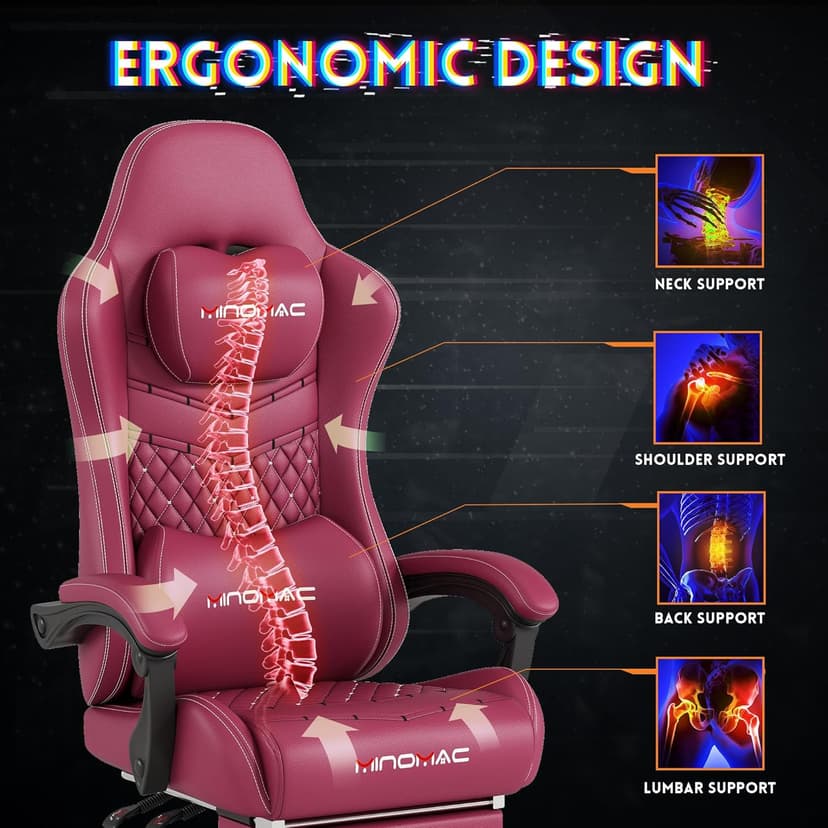 Gaming Chair,Ergonomic Computer Gaming Chair,400lb Load-Bearing,Retractable Footrest/Waist Support/Ergonomic Backrest[Spring + 4D Sponge] (RED)