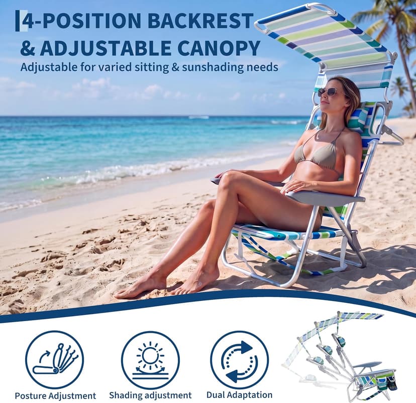 GarveeLife Backpack Beach Chair for Adults, Lightweight Portable Lay Flat Folding Beach Chair with Canopy Shade, 5 Reclining Positions, Backpack Straps, Phone Pocket, Cup Holder & Towel Bar