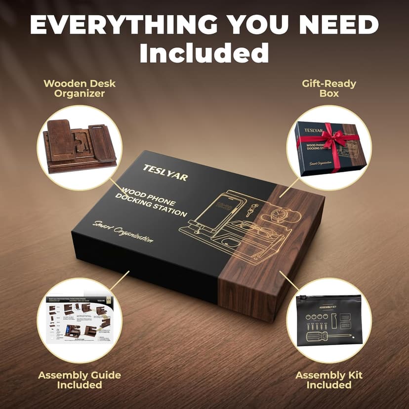 TESLYAR Wood Phone Docking Station for Men - Desk or Nightstand Organizer - Birthday Gifts for Husband, Dad - Anniversary Idea from Wife - Key Holder, Stand Wallet, Watch & Essentials (Bourbon Brown)