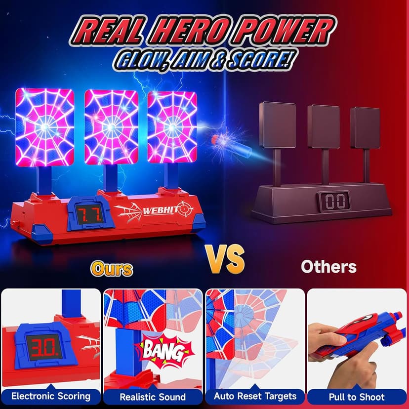 Shooting Toys for 3-12 Year Old Boys, Hero Styles with Glowing Web&Sounds,LCD Scoring and Auto Reset 3 Shooting Targets,Indoor Outdoor Kids Family Games Christmas Birthday Gifts for Boys Toys Age 3-12