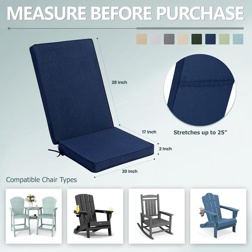 Adirondack Chair Cushions Set of 2 - Removable Covers, Water-Repellent & Fade-Resistant Faux Linen, Securing Straps, Non-Slip Bottom, Fit for Most Outdoor Adirondack & Rocking Chairs - Navy