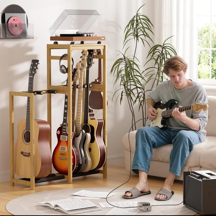 Amazer Guitar Stand, Guitar Rack for Acoustic, Bass, Electric Guitar, Multi Guitar Display Stand Adjustable Bamboo Guitars Holder, Multiple Guitar Stands Floor, for Home Music Studio