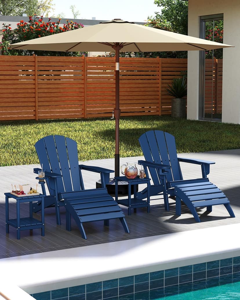 GREENVINES Folding-Adirondack-Chairs-Set-of-6 | w/Cup Holder| HDPE Plastic | All-Weather Patio Fire Pit Chairs | for Outdoor Poolside Deck | Blue