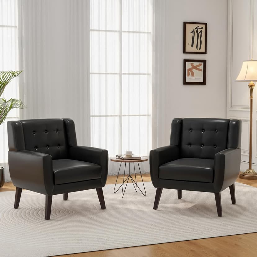 Accent Chair, Mid-Century Modern PU Leather Chairs with Arms for Living Room, Comfy Upholstered Club Single Sofa Armchair for Bedroom Waiting Room with Solid Wood Frame(Leather Black, Set of 2)
