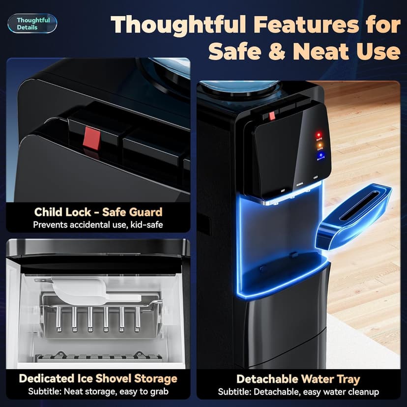 Tehanld Water Dispenser with Ice Maker, 4-in-1 Top Loading Water Cooler with Hot, Cold & Room Temp Water, 35lbs/Day Fast Ice Making, Child Safety Lock, Fits 2-5 Gallon Bottles for Home & Office