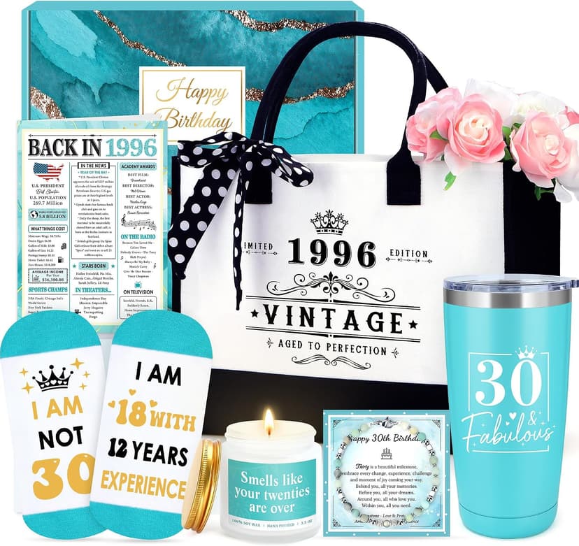 30th Birthday Gifts for Women 30 Year Old Birthday Gifts for Women Unique Turning 30 Gift Woman Cool 1996 Gift Ideas for Woman 30s Happy 30th Bday Decoration Set with Tumbler Tote Bag for Her Daughter B0G1LP7JNR
