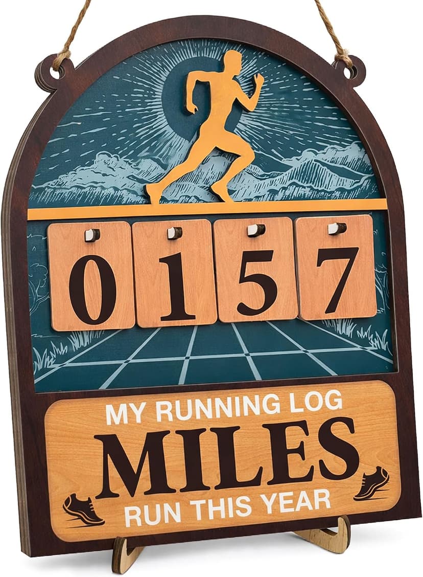 Wooden Yearly Running Log Counter Home Decor, Marathon Runner Gifts Miles Run This Year Tracker Sign Running Gifts for Runners Men Women B0GKP9JPVN