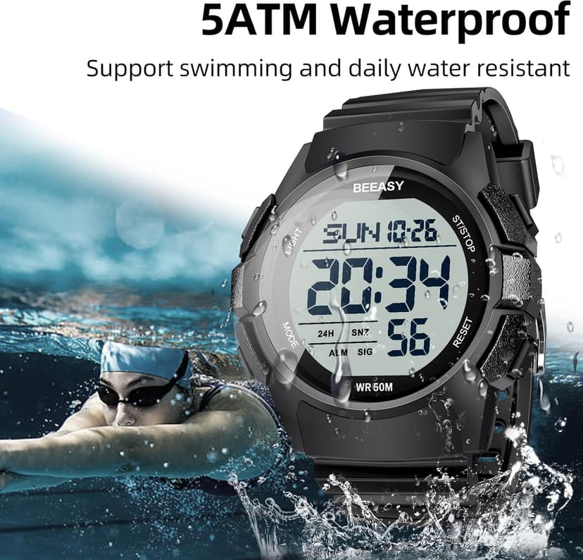 Beeasy Men Digital Sports Watch,Waterproof Watch with Stopwatch Countdown Timer Alarm Function Dual Time Rubber Strap Wrist Watch for Men/Student