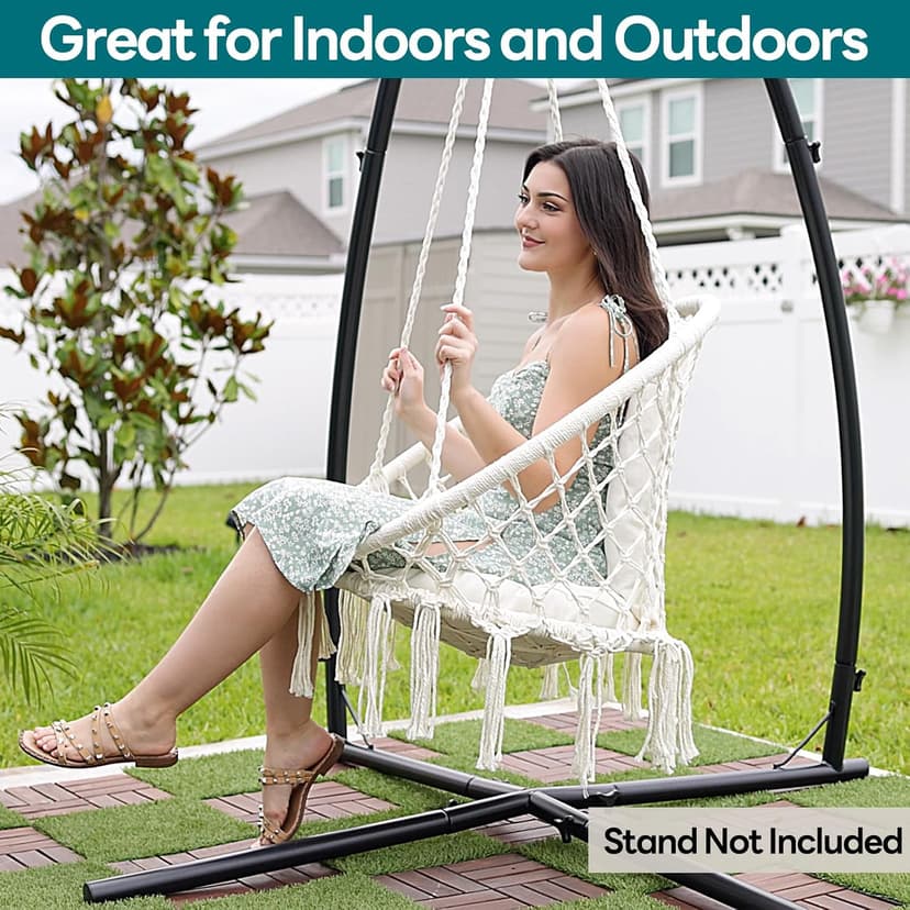 JoyView Macrame Hammock Chair Hanging Swing Chair Max 330 Lbs with 2 Cushions and Hardware Kits for Indoor Outdoor Bedroom Patio Garden - Beige