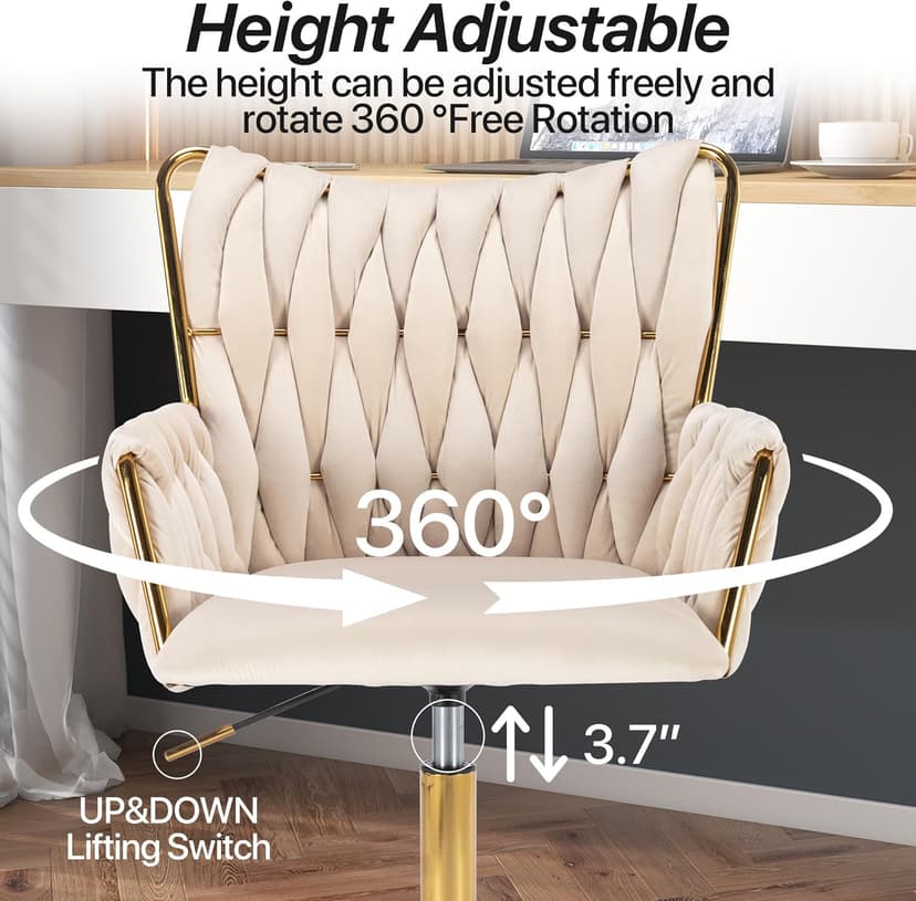 KCC Modern Velvet Home Office Desk Chair with Hand Woven Backrest, Upholstered Adjustable Makeup Vanity Chair with Armrest and Golden Metal Base with Wheels for Living Room Bedroom Study(Beige)