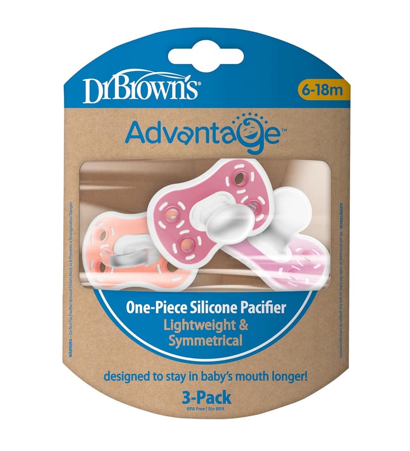 Dr. Brown's Advantage One-Piece Silicone Baby Pacifier, Fully Symmetrical Soother, Coral/Light Pink/Pink, 6-18m, BPA Free, 3 Pack