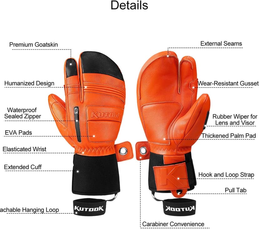 KUTOOK Winter 3 Fingers Ski Mittens Goatskin Thermal 3M Thinsulate Waterproof Snowboarding Gloves with Pocket for Men Women