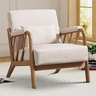 IOMOR Mid Century Modern Accent Chair with Solid Wood Frame Linen Fabric, Upholstered Living Room Chairs with Lumbar Cushion Padded Arms, Reading Armchair for Bedroom (1, Warm Beige)