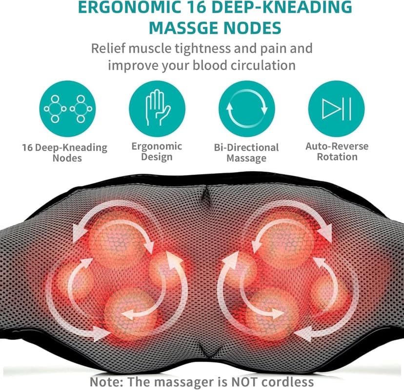 Nekteck Shiatsu Neck Massager for Pain Relief Deep Tissue with Heat, 3D Kneading Massage Pillow Back Shoulder Massagerfor Body Muscle, Plug-in Use for Home Office Car, Gifts for Mom Dad Him Her