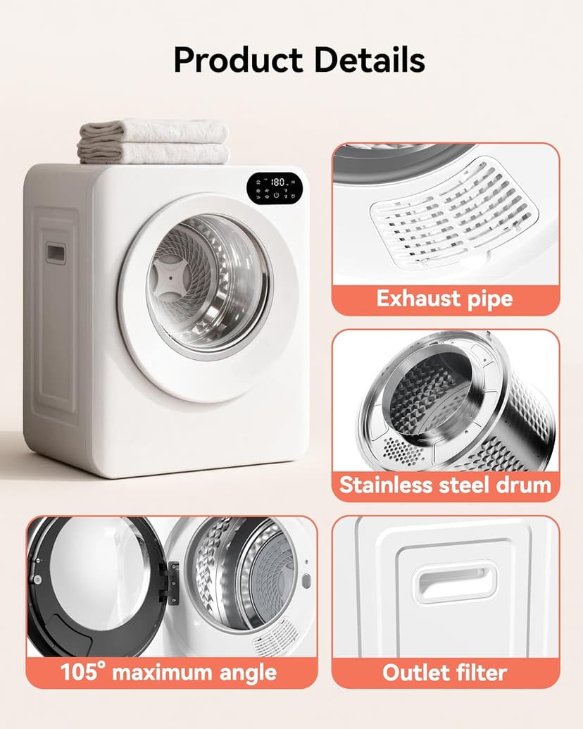 Euhomy 1.5 Cu.Ft Portable Clothes Dryer, 850W Clothes Dryer with Stainless Steel Drum, 4 Functions, LED Control, Drying Machine for Apartments, Laundry, Dorm, Small Space, White