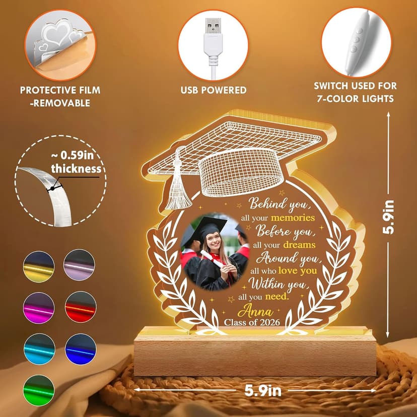 Hyturtle Personalized Graduation Night Light - Custom Photo Light Up Acrylic Plaque Lamp for Women - Inspirational Senior 2026 Graduation Gifts Her Him - College Grad Gifts - Graduation Gifts B0F291WN3G