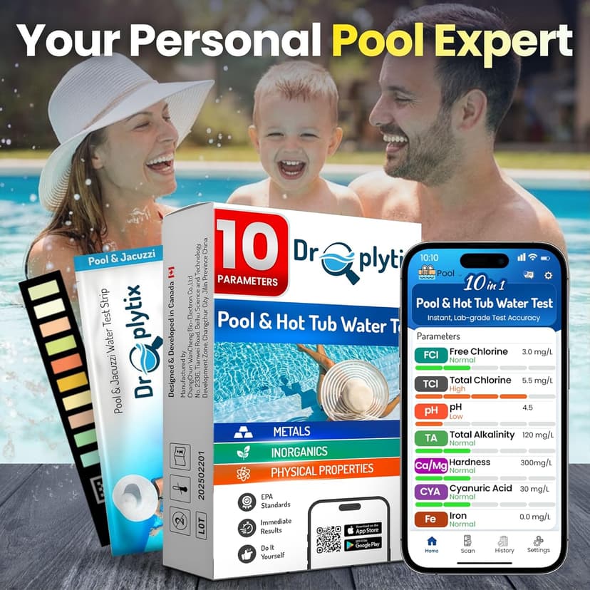 10-in-1 Pool & Spa Water Test Kit with App, Hot Tub, Saltwater, Chlorine, Alkalinity, Hardness, pH, Nitrate, Sulfate, Digital Water Quality Testing Strips (DXPOOL-R10-S10)
