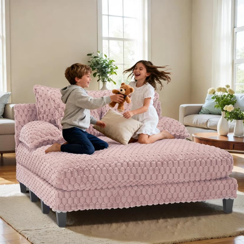 Faux Fur Chaise Lounge Indoor with Adjustable Backrest, 59 Inches Single Sleeper Sofa Chair with 3 Lumbar Pillows, Upholstered Oversized Lounge Chair for Living Room, Bedroom, Office